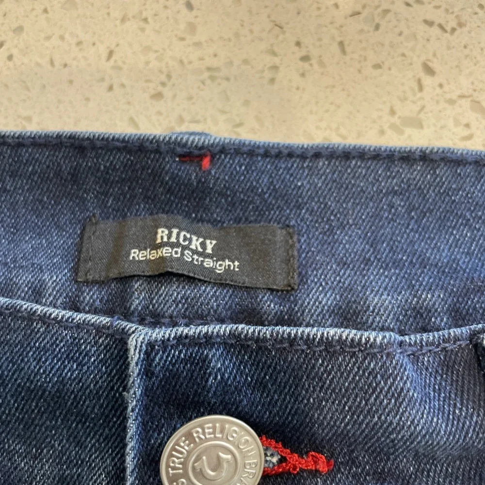 NWT True Religion‎ Jeans Ricky Mens Size 32x34 No Flap SN Relaxed Straight Blue